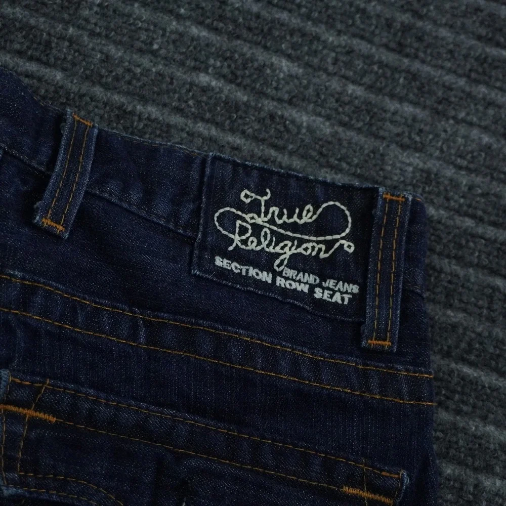 True Religion Straight Leg Jeans Mens 31 Dark Wash Blue Leather Horseshoe Logo